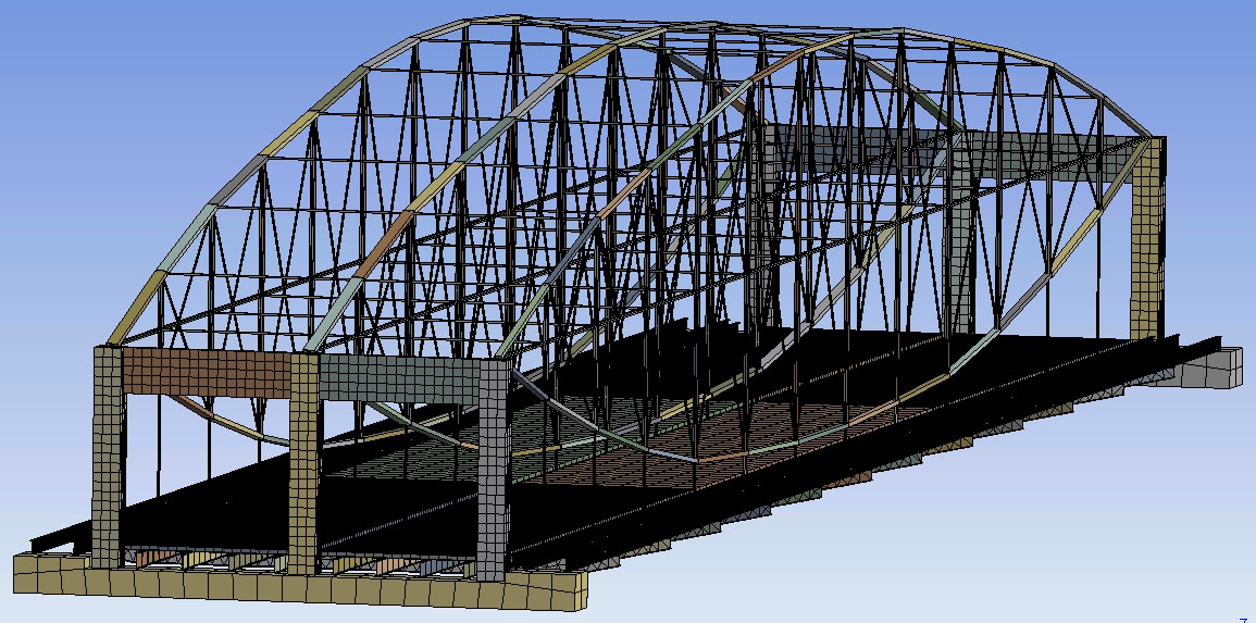 An image showing a finite element model of the Smithfield Street Bridge in Pittsburgh